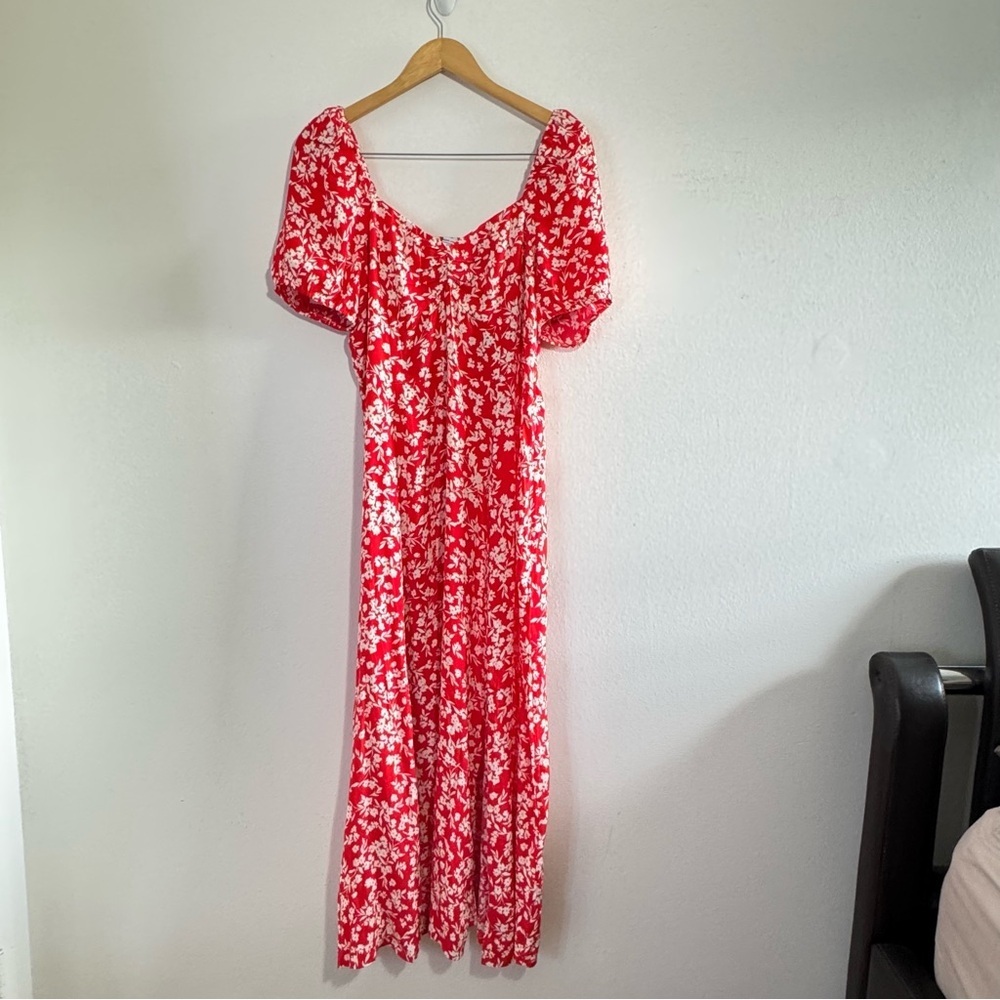 & Other Stories Red Floral Puff Sleeve Slit Midi Dress size 12 - Picture 6 of 13